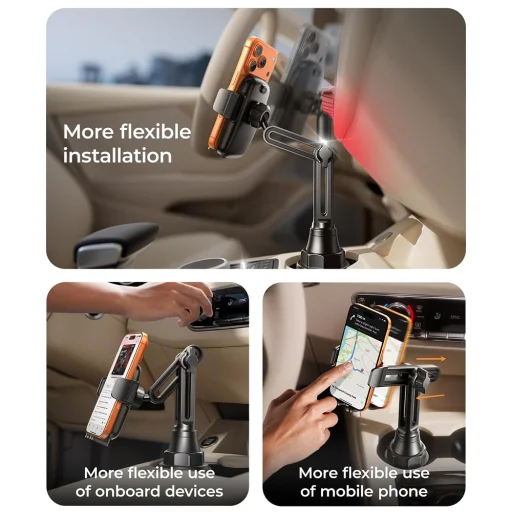 Autós tartó Lisen YL0223070048 - pohártartóba, univerzális, állítható, rázkódásmentes, telefonhoz és tablethez 12.9"-ig - fekete - 6