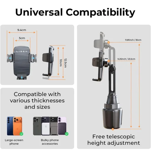 Autós tartó Lisen YL0223070048 - pohártartóba, univerzális, állítható, rázkódásmentes, telefonhoz és tablethez 12.9"-ig - fekete - 7