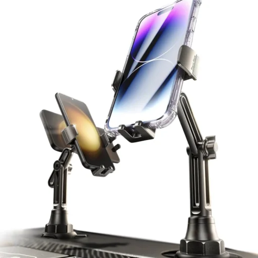 Autós tartó Lisen YL0223070048 - pohártartóba, univerzális, állítható, rázkódásmentes, telefonhoz és tablethez 12.9"-ig - fekete - 1