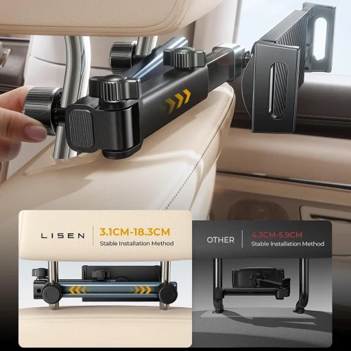 Autó háttámla tartó Lisen YL0423090004, 360°-ban forgatható, állítható, telefonokhoz és tabletekhez 12,9"-ig, Fekete - 3