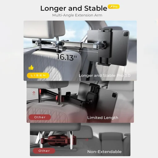 Autó háttámla tartó Lisen YL0423090004, 360°-ban forgatható, állítható, telefonokhoz és tabletekhez 12,9"-ig, Fekete - 5