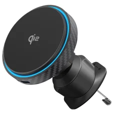 Car Holder Proove - Vezeték nélküli töltővel Grafit Kör (WHGC15010001) - Szellőzőrácshoz, Qi2, 15W, LED jelző - Fekete