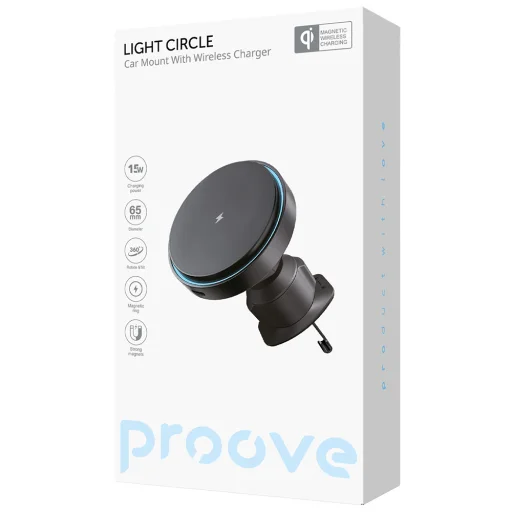 Proove - Autós tartó vezeték nélküli töltéssel Light Circle (WHLC15010001) - MagSafe, légkondicionáló rácsra, 360°, 15W, kék LED - fekete - 5