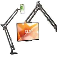 Lisen Asztalra Szerelhető Tartó (YL0223060007) - Asztal Szélére Rögzíthető, 360°-ban Forgatható, Összecsukható, Állítható, Telefonokhoz és 12.9"-os Tabletekhez - Fekete