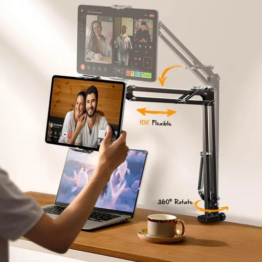 Lisen Asztalra Szerelhető Tartó (YL0223060007) - Asztal Szélére Rögzíthető, 360°-ban Forgatható, Összecsukható, Állítható, Telefonokhoz és 12.9"-os Tabletekhez - Fekete - 3