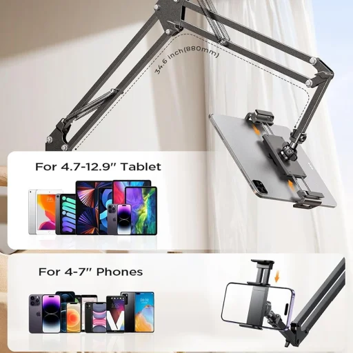 Lisen Asztalra Szerelhető Tartó (YL0223060007) - Asztal Szélére Rögzíthető, 360°-ban Forgatható, Összecsukható, Állítható, Telefonokhoz és 12.9"-os Tabletekhez - Fekete - 7