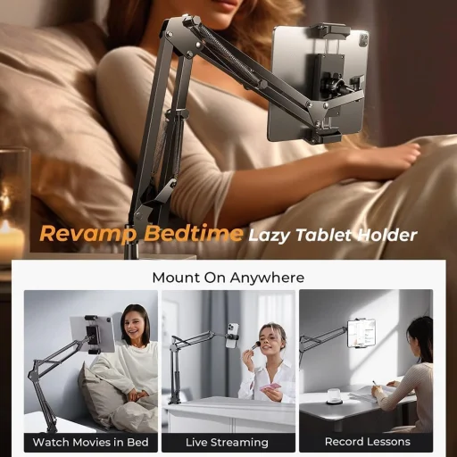 Lisen Asztalra Szerelhető Tartó (YL0223060007) - Asztal Szélére Rögzíthető, 360°-ban Forgatható, Összecsukható, Állítható, Telefonokhoz és 12.9"-os Tabletekhez - Fekete - 9