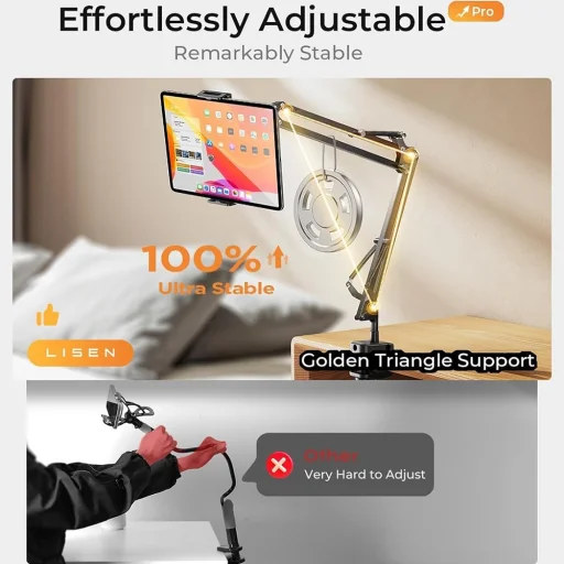 Lisen Asztalra Szerelhető Tartó (YL0223060007) - Asztal Szélére Rögzíthető, 360°-ban Forgatható, Összecsukható, Állítható, Telefonokhoz és 12.9"-os Tabletekhez - Fekete - 11