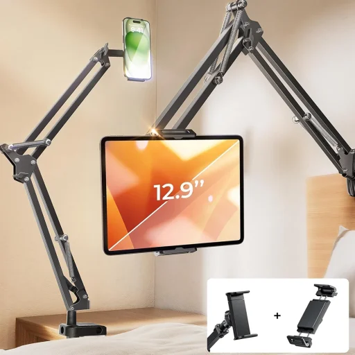 Lisen Asztalra Szerelhető Tartó (YL0223060007) - Asztal Szélére Rögzíthető, 360°-ban Forgatható, Összecsukható, Állítható, Telefonokhoz és 12.9"-os Tabletekhez - Fekete - 13