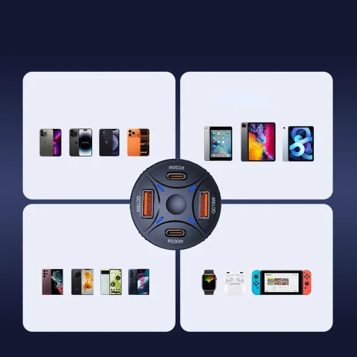 Wozinsky WLS-04 autós töltő 2xUSB-C 2xUSB-A - Fekete - 9