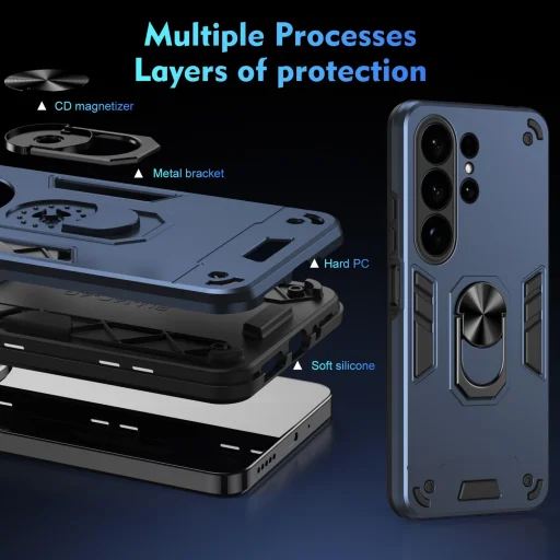 Samsung Galaxy S26 Ultra Ütésálló Fém Gyűrűs Telefon Tok (Kék) - 3