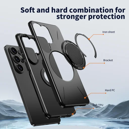 Samsung Galaxy S26 Ultra Magsafe kihajtható támasztékkal TPU + PC Hybrid tok (Fekete) - 3