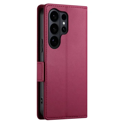 Samsung Galaxy S26 Ultra oldalsó kapcsos, mágneses matt bőr fliptok, tok (borvörös) - 2
