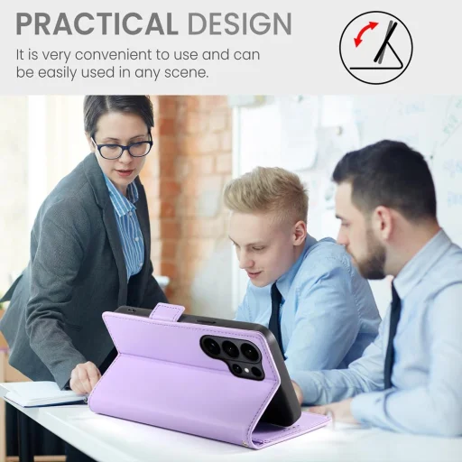 Samsung Galaxy S26 Ultra oldalsó kapcsos, mágneses matt bőr fliptok, tok (lila) - 7