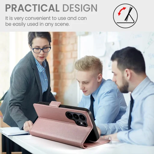 Samsung Galaxy S26 Ultra oldalsó kapcsos, mágneses matt bőr fliptok, tok (rozé arany) - 4