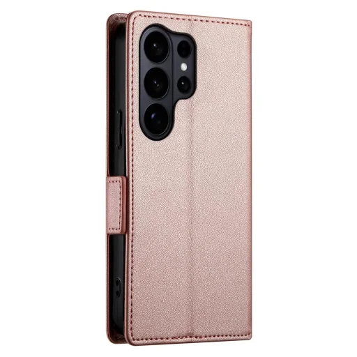 Samsung Galaxy S26 Ultra oldalsó kapcsos, mágneses matt bőr fliptok, tok (rozé arany) - 5