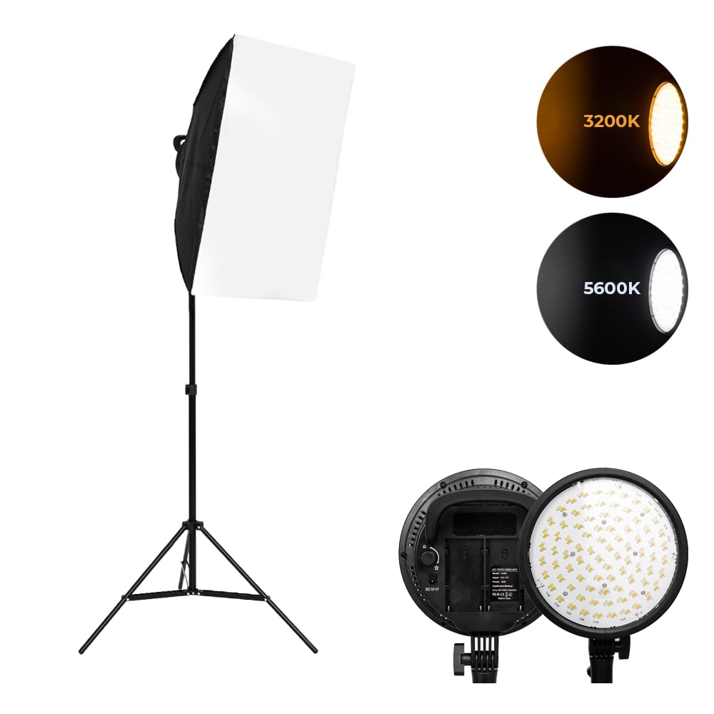 Softbox 1db 48W LED 3200-5600K tápegységgel, NP-F akkumulátor foglalattal 1db 2M állvánnyal-0