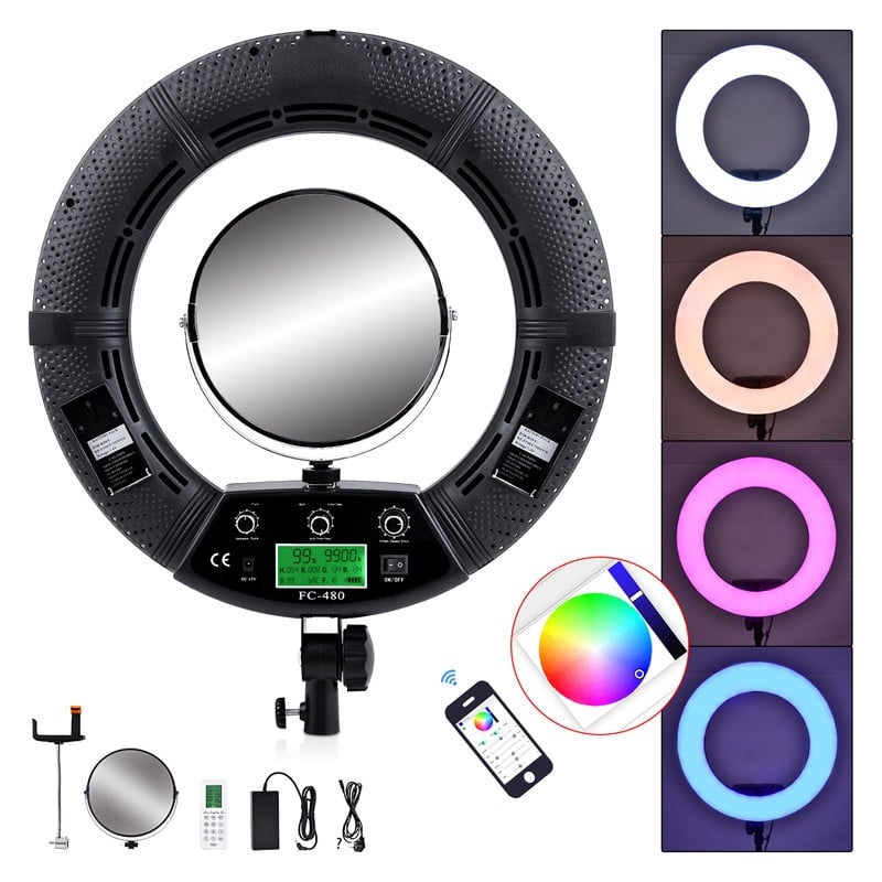 Yidoblo FC-480 RGB LED körfény, körlámpa távirányítóval, tükörrel, 2m állvánnyal-0