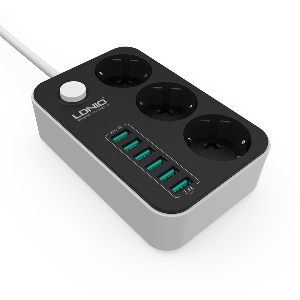 Hálózati elosztó 3x aljzat/ 6x USB porttal fekete (SE3631) LDNIO 3.4 antisztatikus 1.6m-0