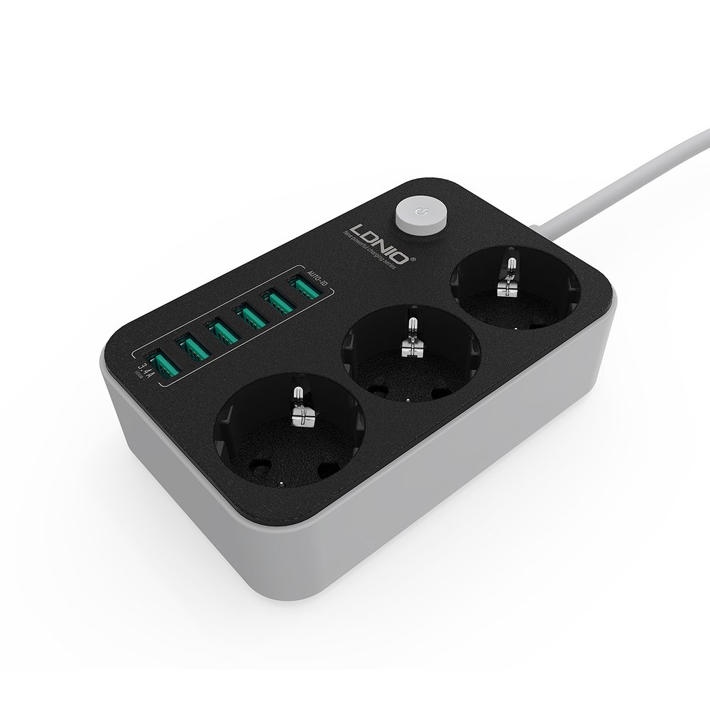 Hálózati elosztó 3x aljzat/ 6x USB porttal fekete (SE3631) LDNIO 3.4 antisztatikus 1.6m-1