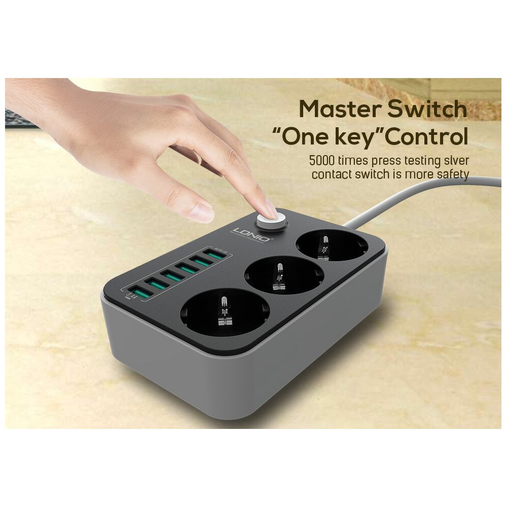 Hálózati elosztó 3x aljzat/ 6x USB porttal fekete (SE3631) LDNIO 3.4 antisztatikus 1.6m-5