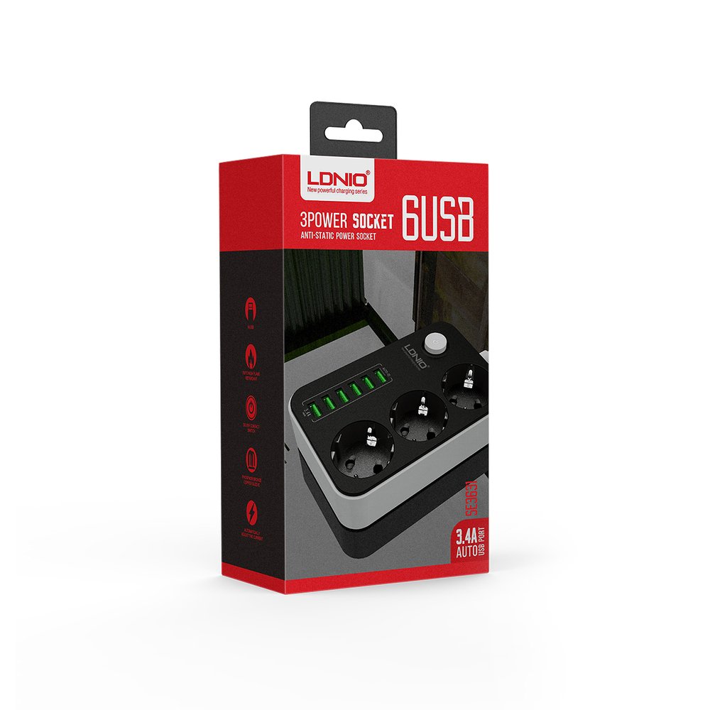 Hálózati elosztó 3x aljzat/ 6x USB porttal fekete (SE3631) LDNIO 3.4 antisztatikus 1.6m-4