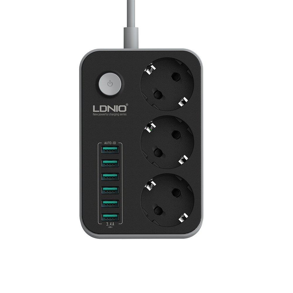 Hálózati elosztó 3x aljzat/ 6x USB porttal fekete (SE3631) LDNIO 3.4 antisztatikus 1.6m-3