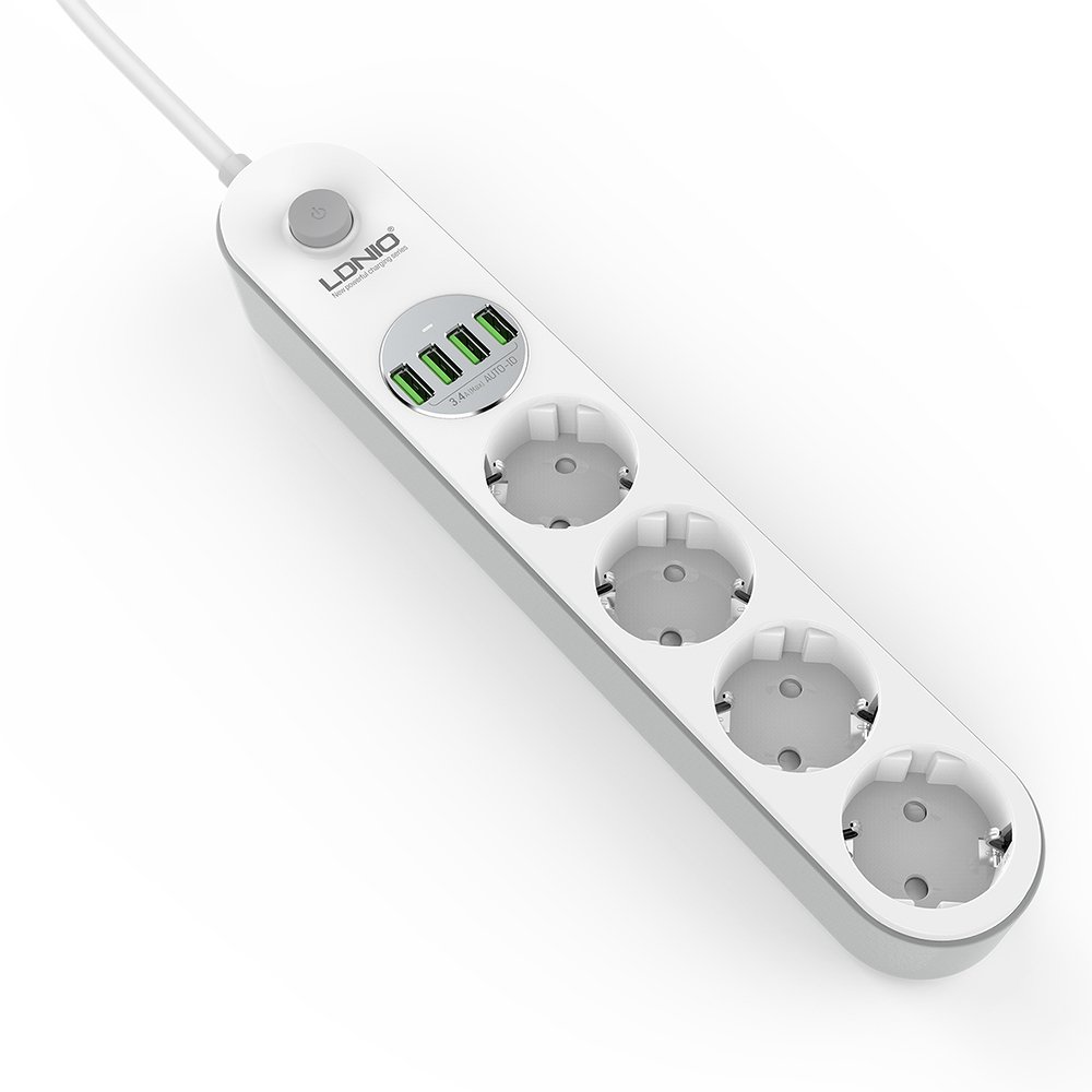 LDNIO 3.4A hálózati elosztó 4x aljzat/ 4x USB -s fehér, elosztó usb-vel, hosszabbító (SE4432)-0