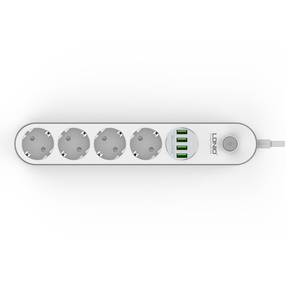 LDNIO 3.4A hálózati elosztó 4x aljzat/ 4x USB -s fehér, elosztó usb-vel, hosszabbító (SE4432)-1