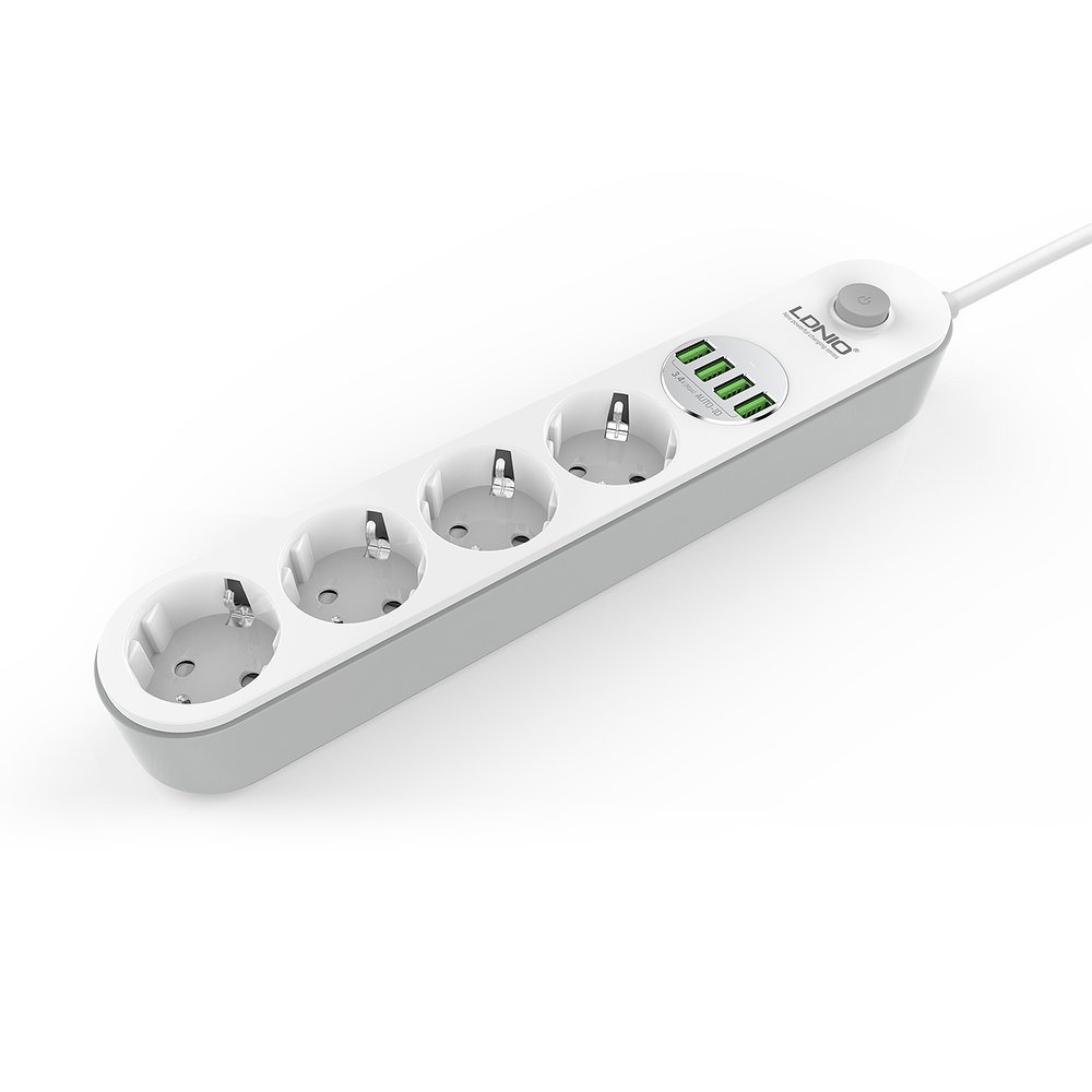 LDNIO 3.4A hálózati elosztó 4x aljzat/ 4x USB -s fehér, elosztó usb-vel, hosszabbító (SE4432)-2