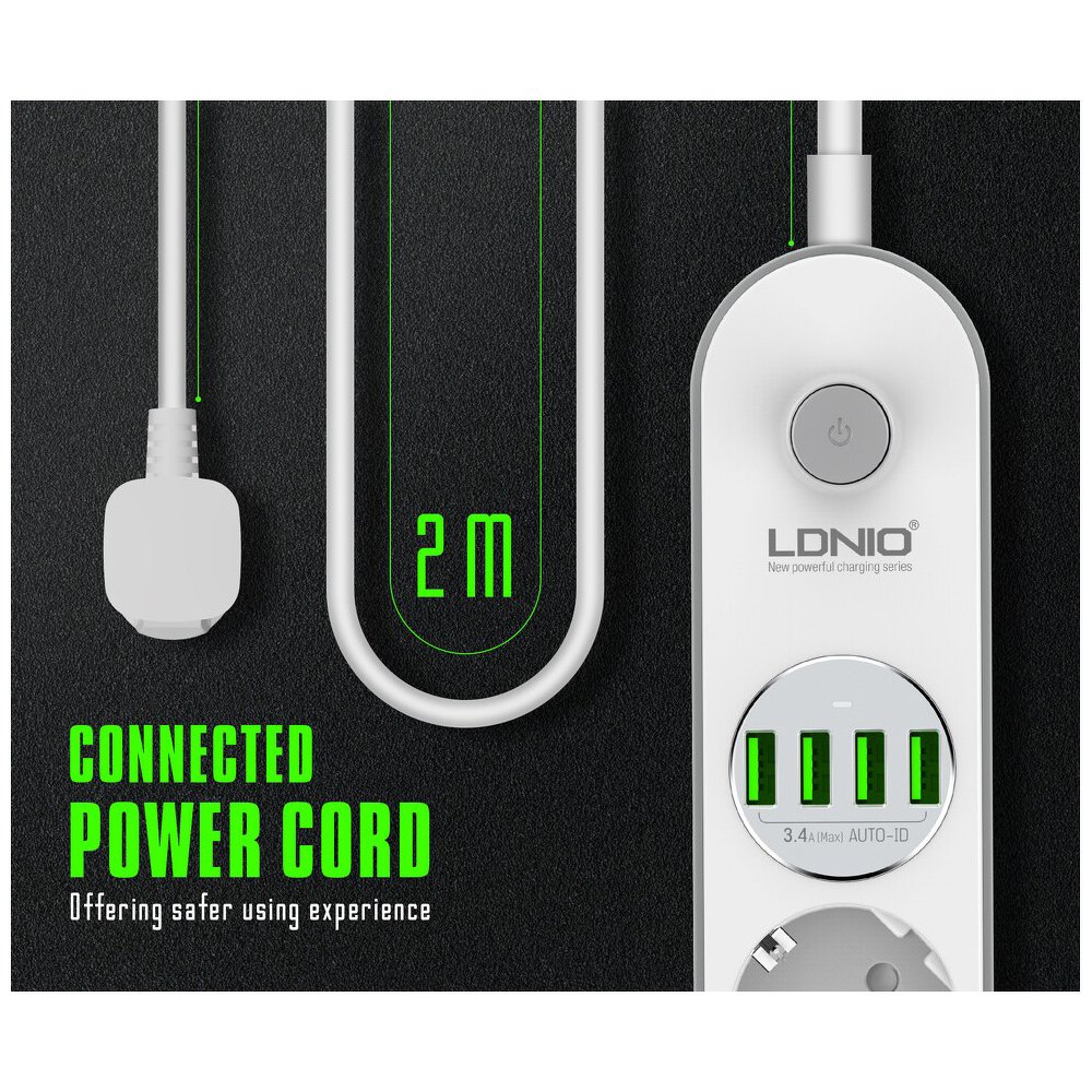 LDNIO 3.4A hálózati elosztó 4x aljzat/ 4x USB -s fehér, elosztó usb-vel, hosszabbító (SE4432)-4