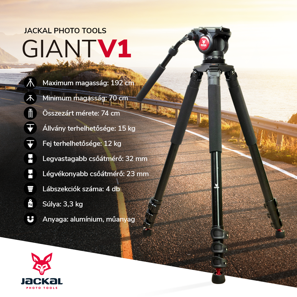 Jackal Giant V1 fluid fejes fényképező állvány, tripod (192cm)-1
