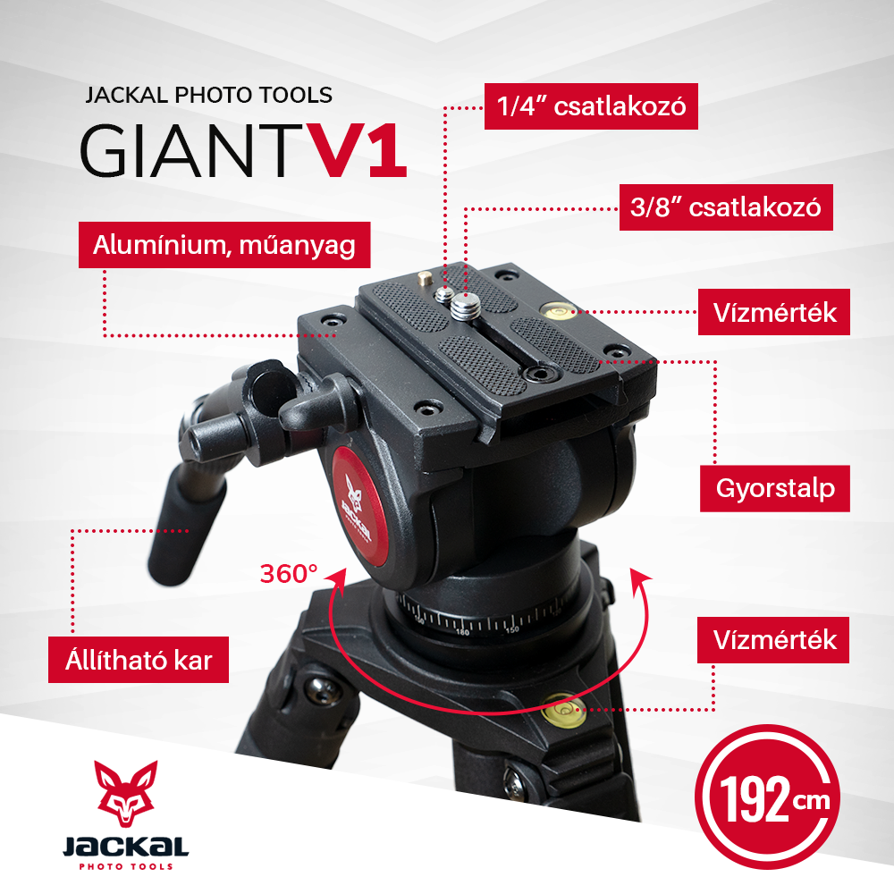 Jackal Giant V1 fluid fejes fényképező állvány, tripod (192cm)-2
