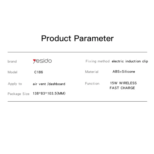 Yesido - Autós telefontartó vezeték nélküli töltéssel (C186) - Műszerfalra vagy szellőzőrácsra, 15W - Fekete - 12