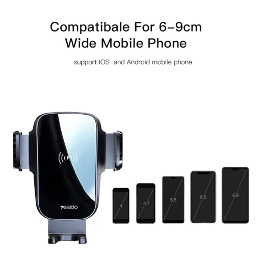 Yesido - Autós telefontartó vezeték nélküli töltéssel (C186) - Műszerfalra vagy szellőzőrácsra, 15W - Fekete - 10