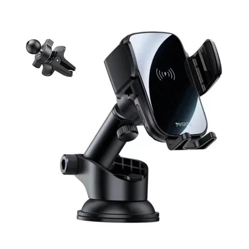 Yesido - Autós telefontartó vezeték nélküli töltéssel (C186) - Műszerfalra vagy szellőzőrácsra, 15W - Fekete - 1