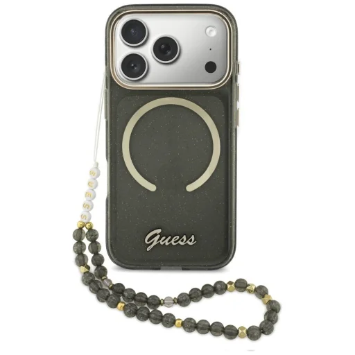 Guess IML Glitrové puzdro so Script remienkom MagSafe pre iPhone 17 Pro, čierne - 1