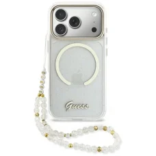 Guess IML Glitter Script Strap MagSafe puzdro pre iPhone 17 Pro, priehľadné