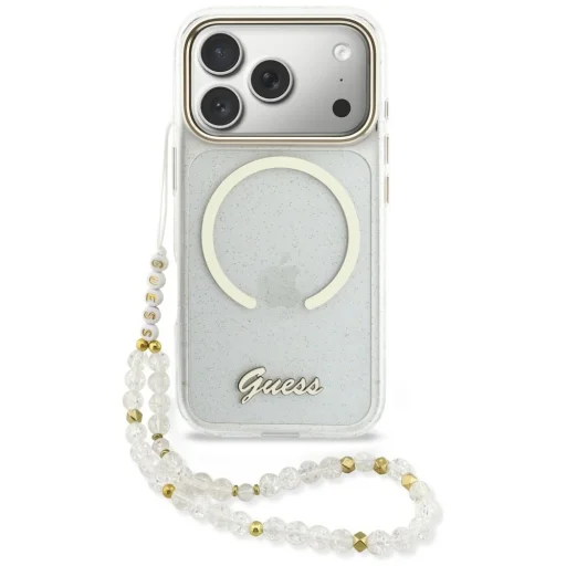Guess IML Glitter Script Strap MagSafe puzdro pre iPhone 17 Pro, priehľadné - 1
