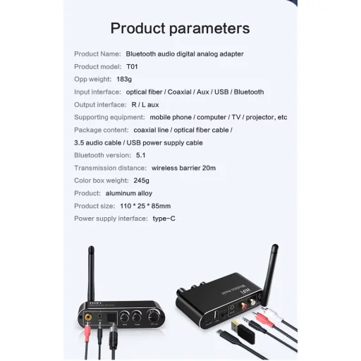 Optikai és koaxiális digitális–analóg audió átalakító Bluetooth audió vevővel és USB MP3 lejátszó funkcióval T01 - 11