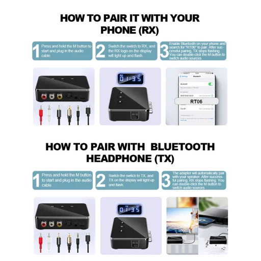 RT06 Bluetooth vezeték nélküli audió vevő és adó, optikai (TOSLINK) csatlakozóval és kihangosító funkcióval - 3