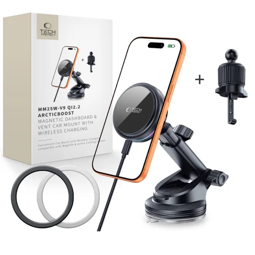 Tech-Protect V9 Arcticboost Magnetic Magsafe Műszerfal & Szellőző Autós Tartó Vezeték Nélküli Töltő 25W Qi2.2 Fekete - 1