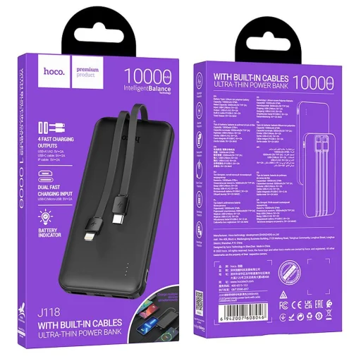 Hoco Powerbank 10000 mAh 2A beépített kábelekkel USB C + Lightning J118 fekete - 6