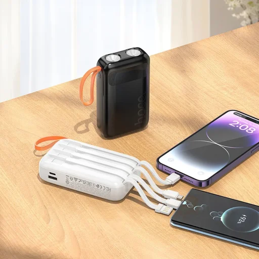 Hoco Powerbank 10000 mAh 2A beépített kábelekkel USB A + USB C + Lightning + Micro USB és dupla lámpa J151 fekete, - 5
