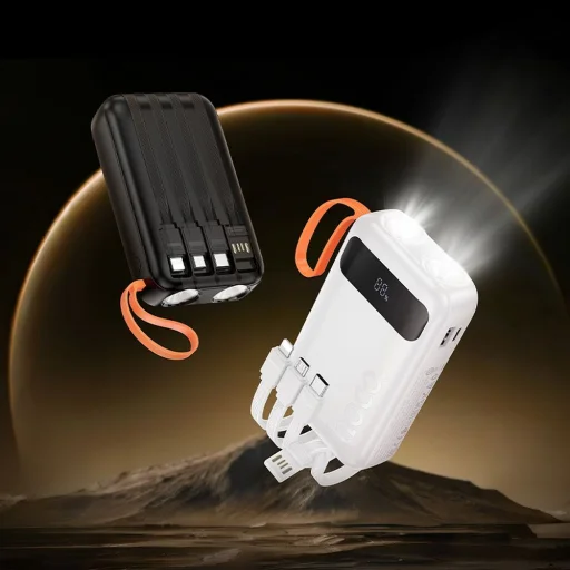 Hoco Powerbank 10000 mAh 2A beépített kábelekkel USB A + USB C + Lightning + Micro USB és dupla lámpa J151 fekete, - 4