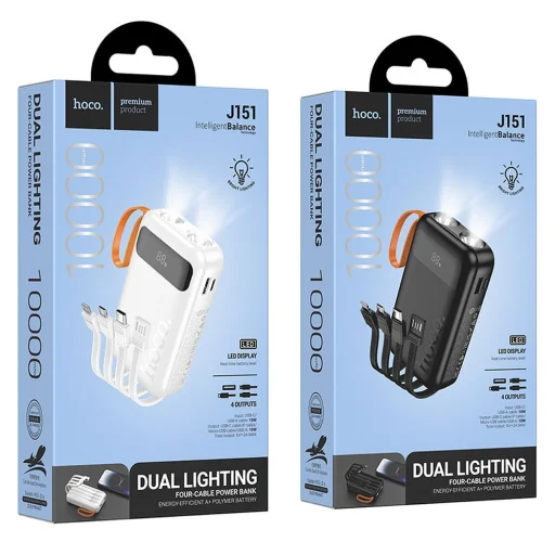 Hoco Powerbank 10000 mAh 2A beépített kábelekkel USB A + USB C + Lightning + Micro USB és dupla lámpa J151 fekete, - 7