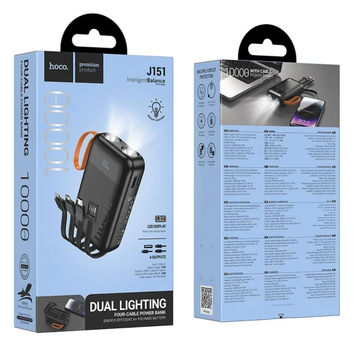 Hoco Powerbank 10000 mAh 2A beépített kábelekkel USB A + USB C + Lightning + Micro USB és dupla lámpa J151 fekete, - 6