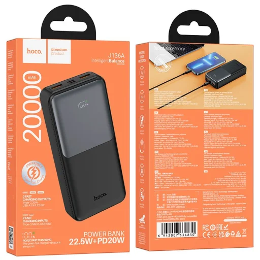 Hoco 20000 mAh QC PD 2A 22,5W J136A fekete Powerbank - 7