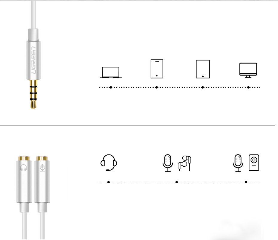 Ugreen AUX 3.5mm-es mini jack elosztó adapterkábel mikrofon bemenettel, 20cm ezüst (30619)-4