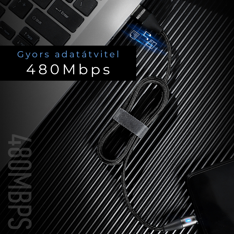 BeeGeek AM60 USB kábel 1M 3A 18W QC 3.0 gyorstöltés USB-C, Type-C mágneses fejjel, 1m fekete-4
